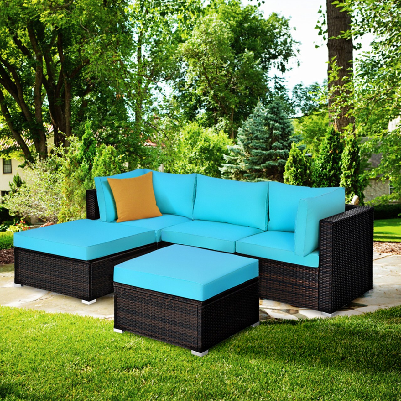Gymax 5PCS Cushioned Rattan Patio Conversation Set Outdoor Furniture Set w Ottoman